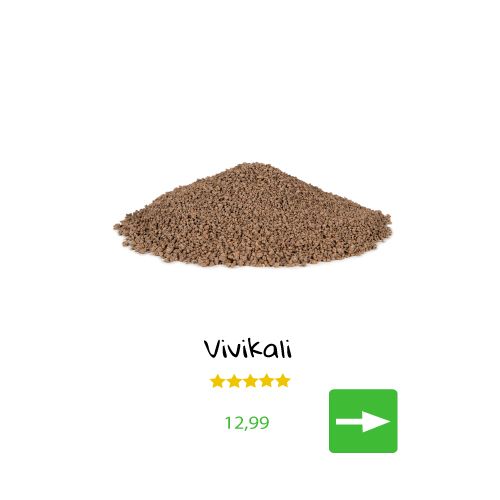 Een stapel bruine Vivikali-meststof met een aankoopknop.