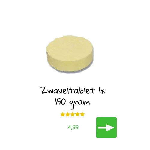 Gele ronde zwaveltablet met opschrift “Zwaveltablet 1x 150 gram” met 5-sterrenbeoordeling en prijs 4,99