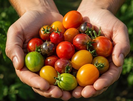 Handen houden een mix van rijpe cherrytomaten in rode, gele en groene kleuren vast.