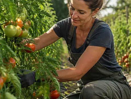 Een persoon plukt rijpe tomaten in een zonnige tuinrij.