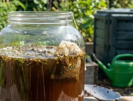 Een grote glazen pot met compostthee staat in de tuin naast tuingereedschap, een compostbak en gieters.
