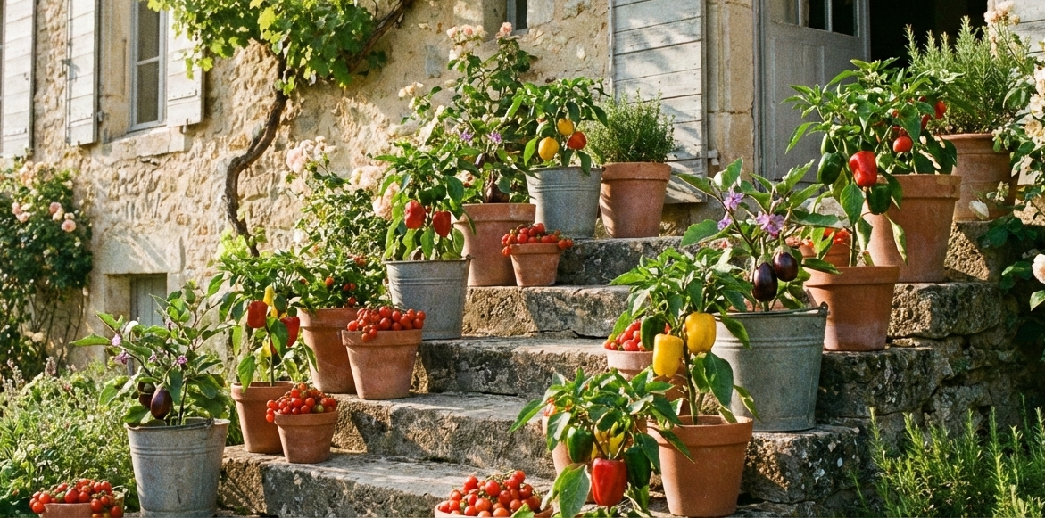 Paprikaplanten in potten op de stenen trappen van een gebouw, met rode, gele en groene paprika's.