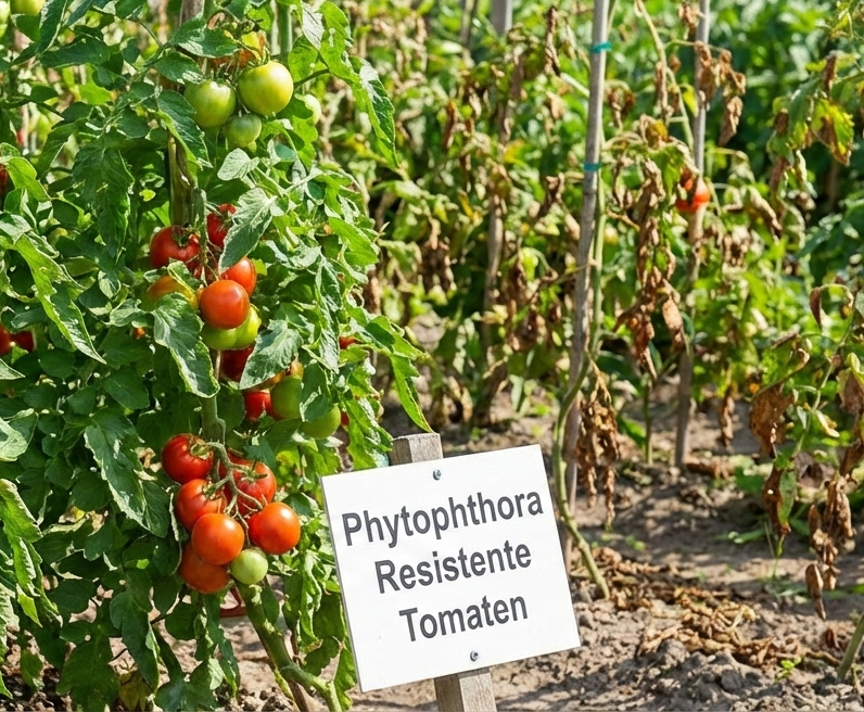 Tomatenplanten met rode en groene vruchten, bordje met de tekst 