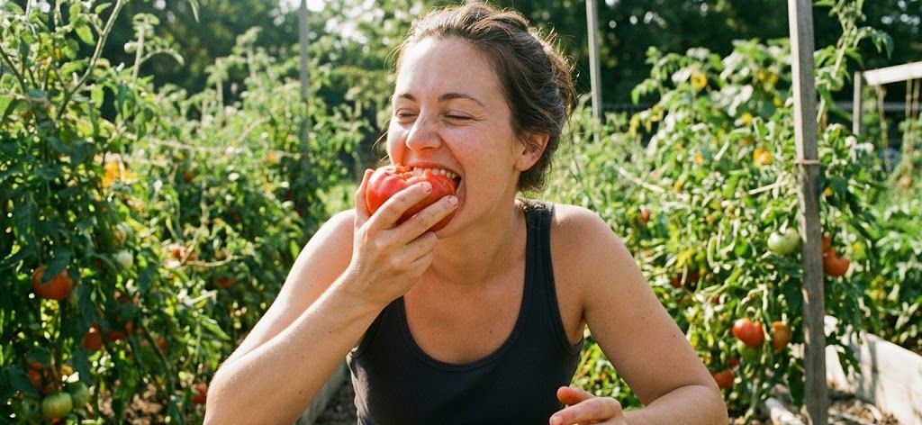 Een vrouw neemt een hap van een rijpe rode tomaat in een moestuin, met gesloten ogen, en geniet van de heerlijke smaak.