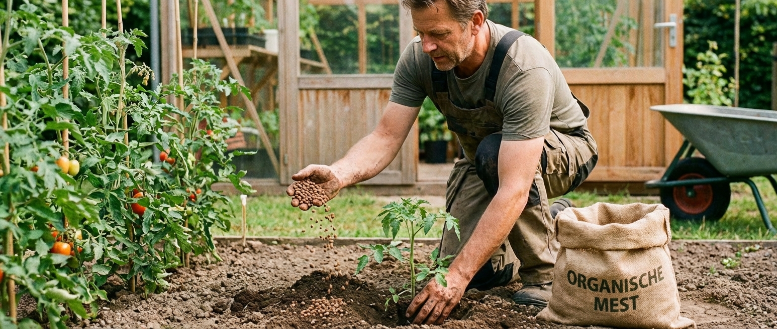 Iemand knielt en voegt organische meststof toe aan een tomatenplant in een moestuin.