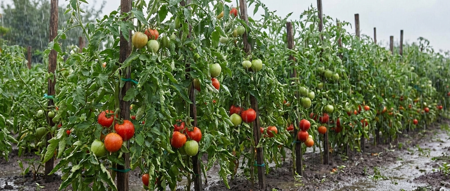 Het met de hand verwijderen van een uitloper van een tomatenplant in een kas.