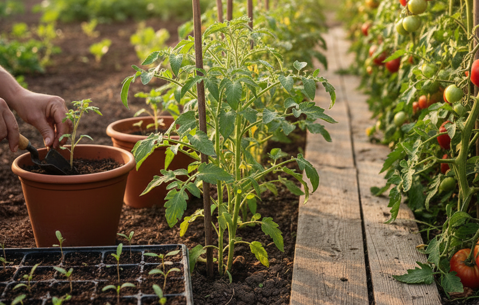 Een persoon plant tomatenplantjes in een kas, naast volwassen tomatenplanten met rijpe vruchten.