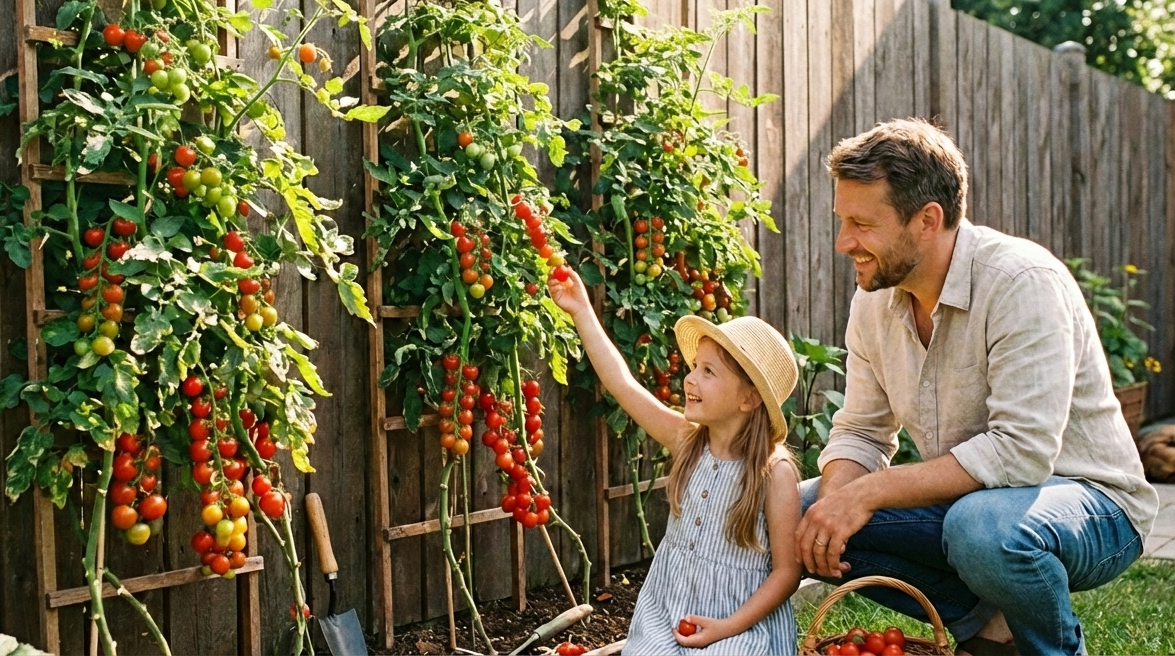 Rijpe tomaten aan de plant, die van groen naar rood verkleuren, met groene bladeren en een houten paal op de achtergrond.