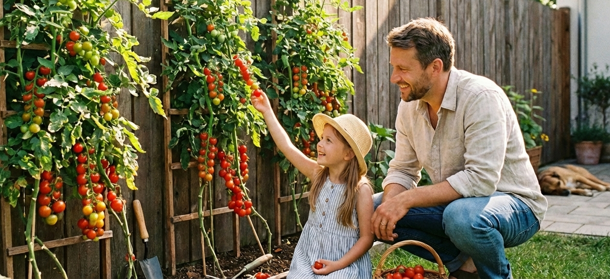 Een assortiment kleurrijke tomaten op een verweerde houten ondergrond, waaronder rode, oranje, gele en paarse soorten.