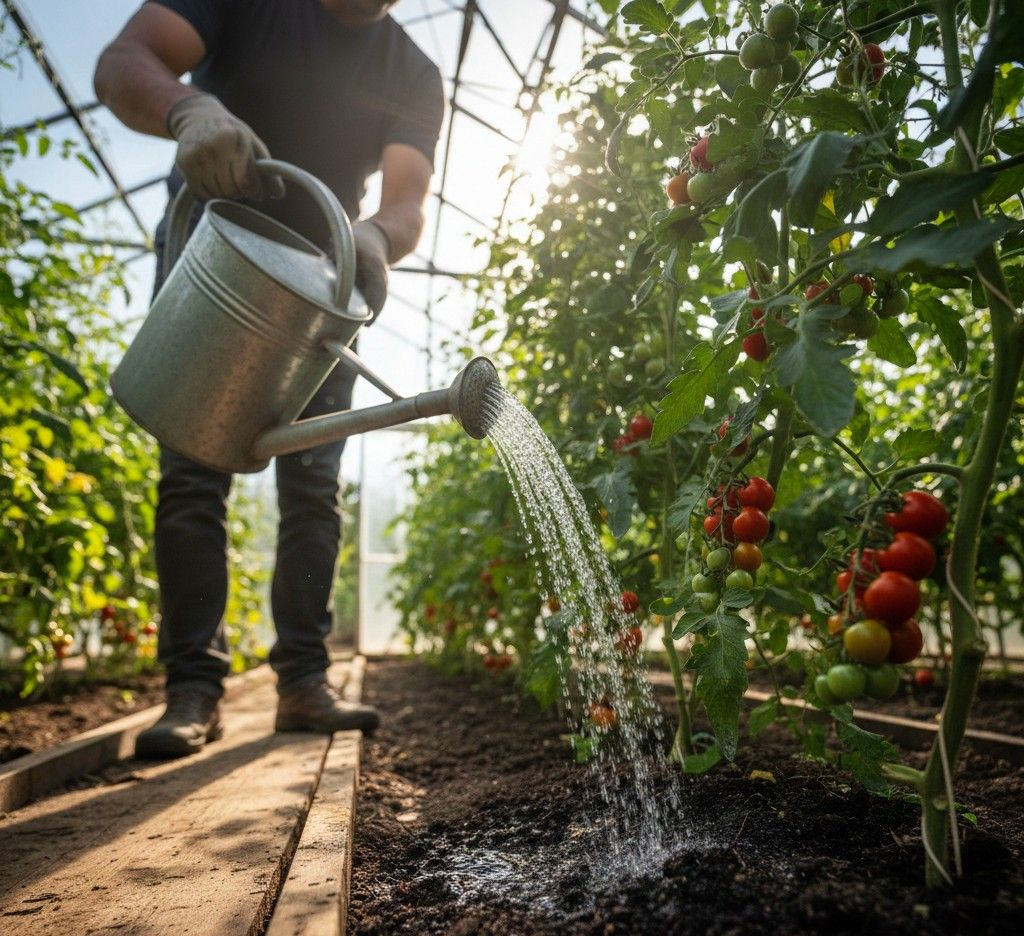 Een persoon geeft tomatenplanten in een kas water met een metalen gieter; zonlicht schijnt door het dak.