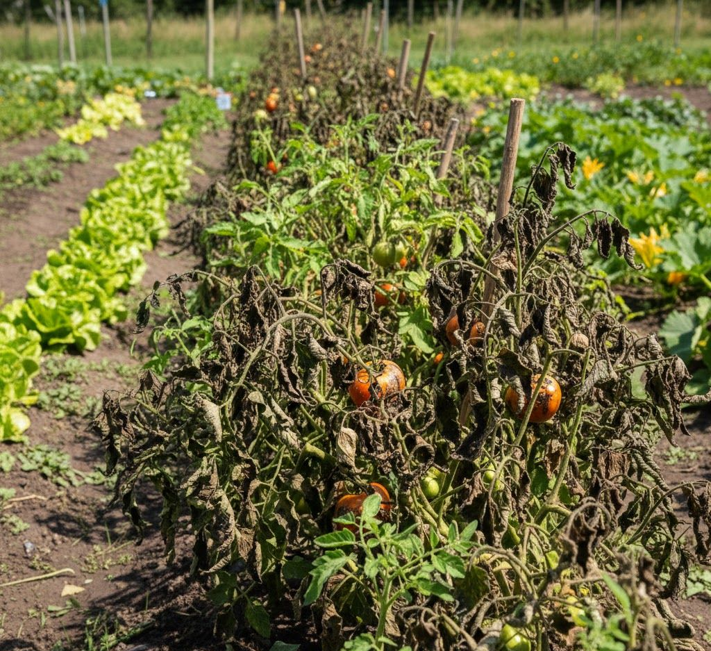 Rijen tomatenplanten, sommige dood of stervend, met bruine bladeren en rijpe tomaten in een tuin.
