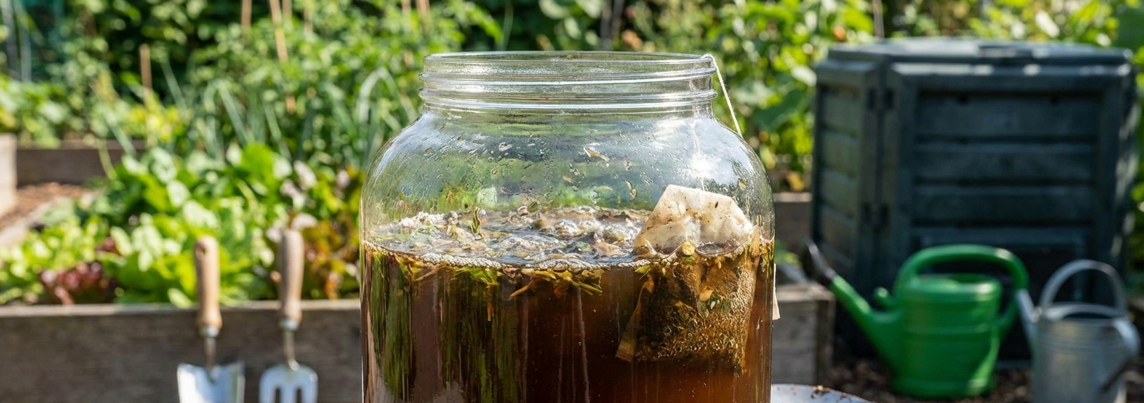 Een grote glazen pot met compostthee staat in de tuin naast tuingereedschap, een compostbak en gieters.