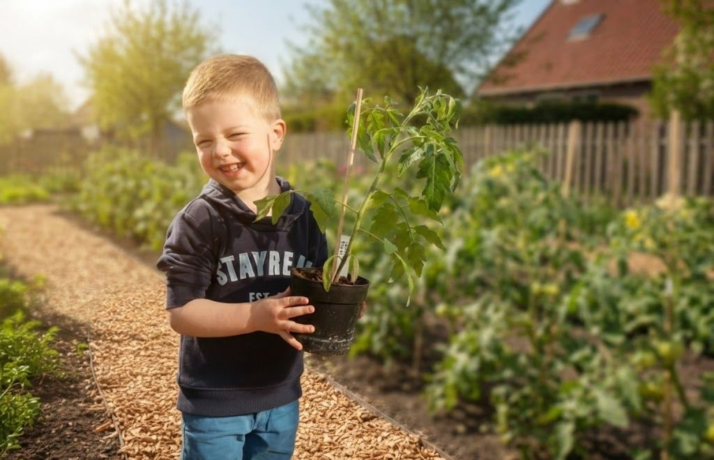 Een hand die een langwerpige, groene en rode tomaat aan de tros vasthoudt.