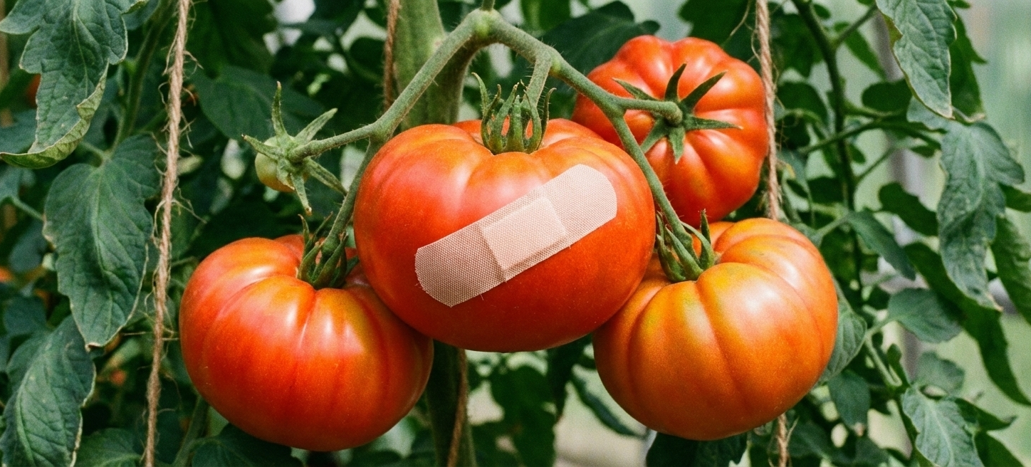 Een tomaat aan een tros met twee gekruiste verbanden eromheen.