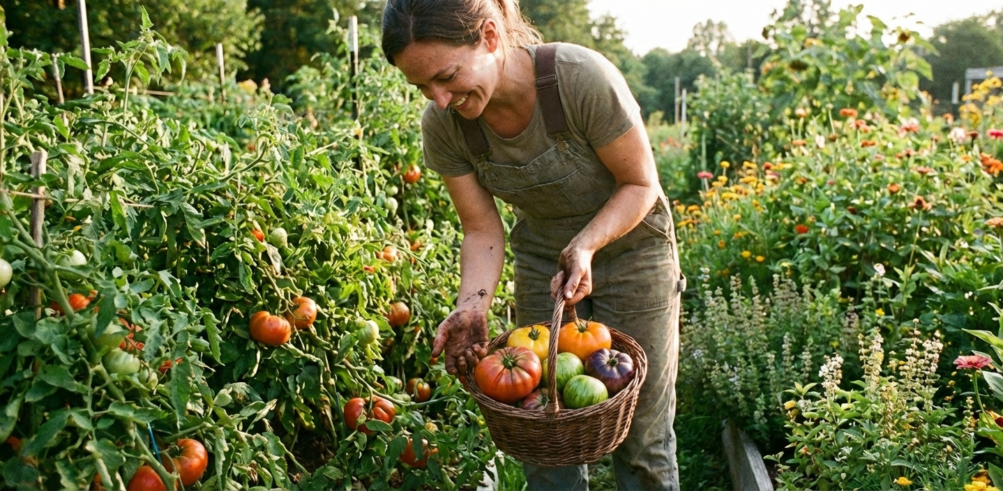 Rijpe tomaten aan de plant, die van groen naar rood verkleuren, met groene bladeren en een houten paal op de achtergrond.