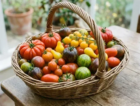 Een mand met kleurrijke heirloomtomaten op een rustieke houten tafel bij een raam.
