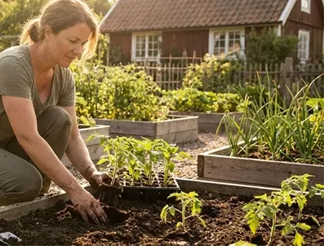Vrouw plant tomaten zaailingen in een moestuin naast verhoogde plantenbakken en een huisje.