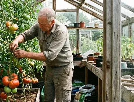 Een tuinman snoeit tomatenplanten in een kas, naast rijpe rode en groene tomaten.