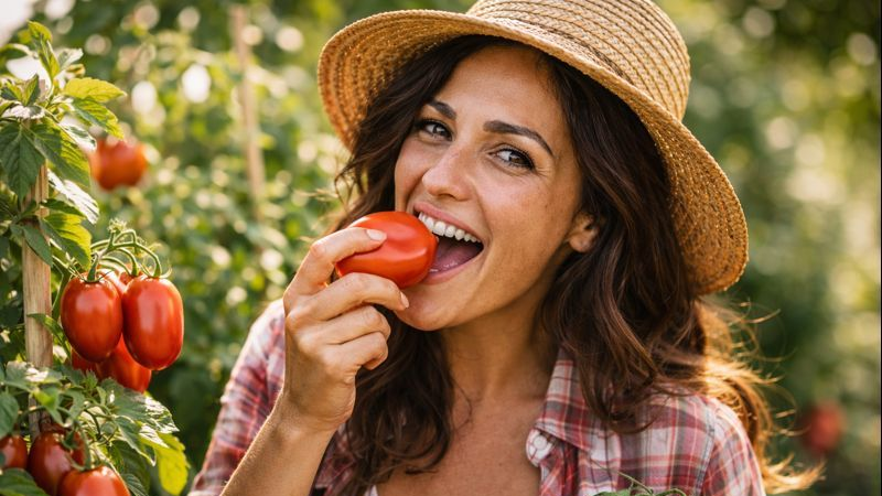 Vrouw die in een tuin een tomaat eet, met een strohoed en een geruit shirt aan.
