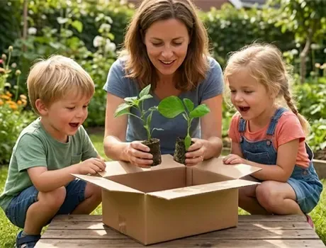 Een volwassene en twee kinderen ontvangen jonge groenteplanten in een kartonnen doos in een moestuin.