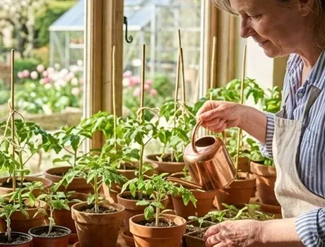 Een tuinman geeft jonge tomatenplanten water in een zonnig kasraam.