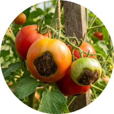 Een mand met kleurrijke tomaten, gelabeld met heirloom, zaadvast en moderne F1.