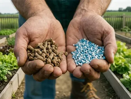 Handen die blauwe korrelmest en bruine pellets vasthouden in een tuinomgeving.