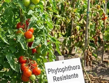 Tomatenplanten met rijpe rode en groene tomaten in een moestuin, met een bordje waarop staat: 
