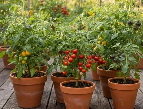 Tomatenplanten met rijpe rode en groene tomaten in een tuin, met een bordje waarop staat: 