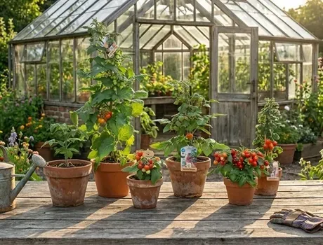 Tomatenplanten in potten op een zonnig terras voor een kas.