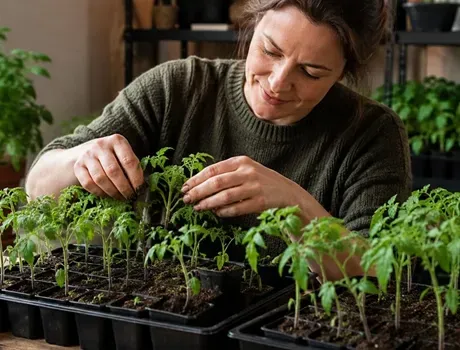 Iemand verzorgt tomaten zaailingen in trays binnenshuis en verplaatst voorzichtig kleine groene tomatenplantjes in een tuinopstelling.