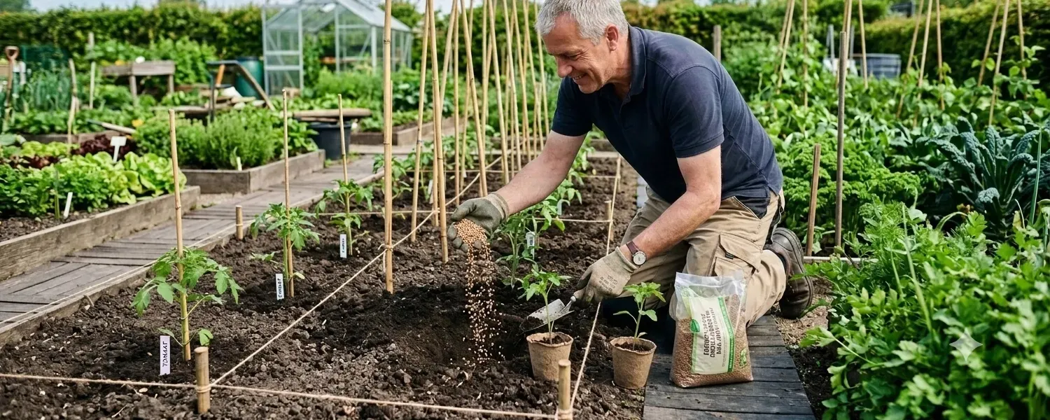 Een manbemest tomatenplanten in een moestuin, naast rijen groene planten.