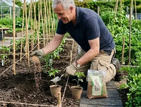 Een tuinman knielt in een verhoogd plantbed en bemset zijn tomatenplanten in een weelderige moestuin met kleine potjes en stokken.