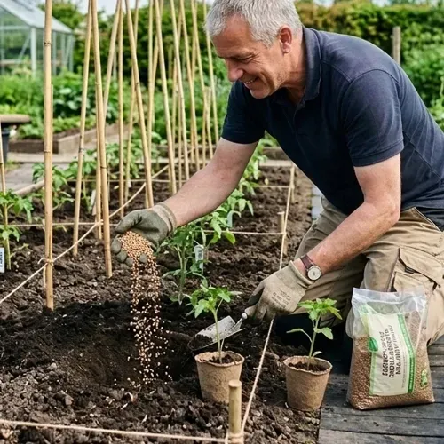 Een tuinman plant zaailingen in een tuinbed en giet aarde rond de jonge plantjes.