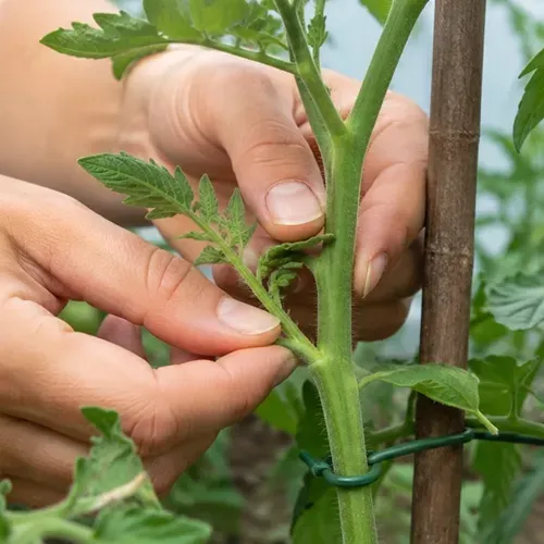 Een hand die een langwerpige, groene en rode tomaat aan de tros vasthoudt.
