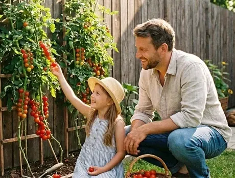 Tomatenplanten met rijpe rode en groene tomaten in een tuin, met een bordje waarop staat: 