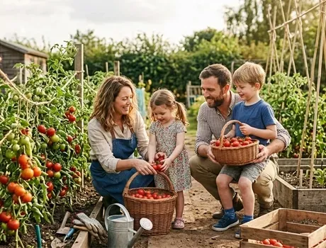 Een gezin oogst samen tomaten in de moestuin, met een glimlach naast de manden en een gieter.