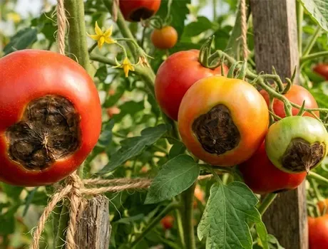 Tomaten aan de plant, waarvan één met bloesemrot of neusrot, rood en oranje van kleur, gekweekt in een kas.