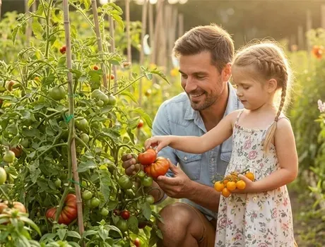 Een man en een kind plukken rijpe tomaten in een zonnige moestuin en dragen manden vol rijpe tomaten.