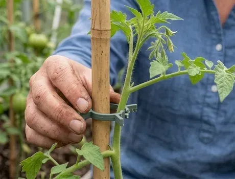 Een groene tomatenplant met de hand vastbinden aan een bamboestok in een tuin.