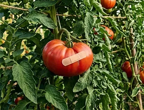 Een vrouw bijt in een grote rode tomaat in een tuin, met gesloten ogen, omringd door tomatenplanten.