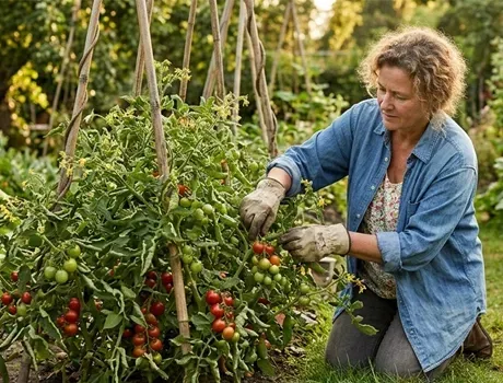 Een vrouw verzorg haar tomatenplanten die in een weelderig tomatenbed in de buitenlucht groeien.