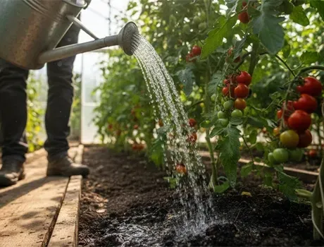 Tomatenplanten in de tuin water geven met een metalen gieter en een zichtbare waterstraal.