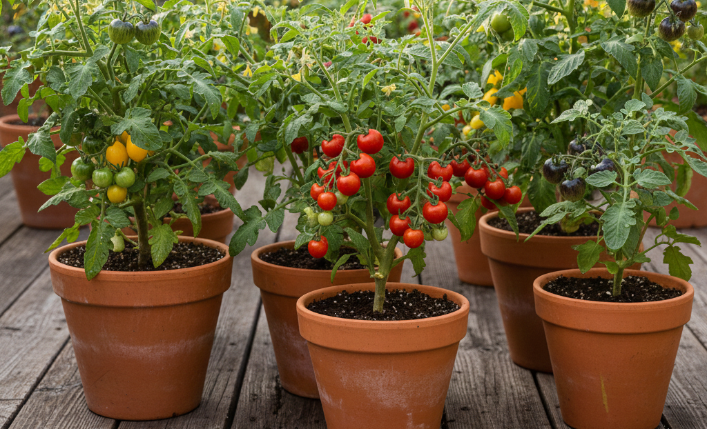 Een vrouw neemt een hap van een rijpe rode tomaat in een moestuin, met gesloten ogen, en geniet van de heerlijke smaak.