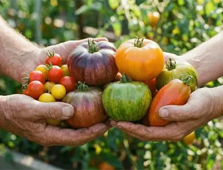 Handen die een kleurrijk assortiment van verschillende tomatenrassen in een moestuin vasthouden.