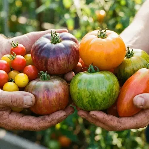 Handen die kleurrijke, traditionele tomatenrassen vasthouden in een tuin, waaronder rode, paarse, groene en gele variëteiten.
