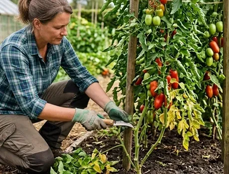 Een vrouw snijdt tomatenbladeren weg van een tomatenplanten in de moestuin.  