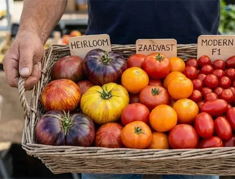 Een assortiment kleurrijke tomaten en paprika's ligt opgestapeld bij een marktkraam.