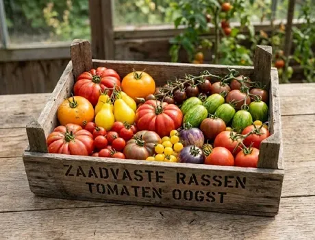 Houten kist met diverse soorten zaadvaste tomaten erin.