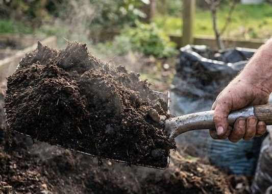 Tomatenplanten in potten met rode, gele en groene vruchten op een houten terras.